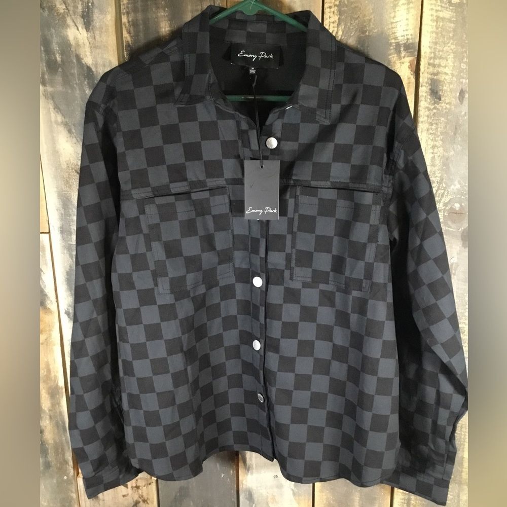 Emory Park black and grey checkered jacket women’s size medium NWT